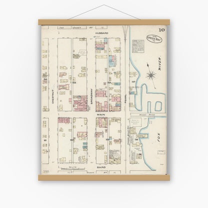 Old map wall art mockup — magnetic wood frame on white wall — Sanborn Fire Insurance Map from Green Bay, Brown County, Wisconsin (1883), Sheet #0010
