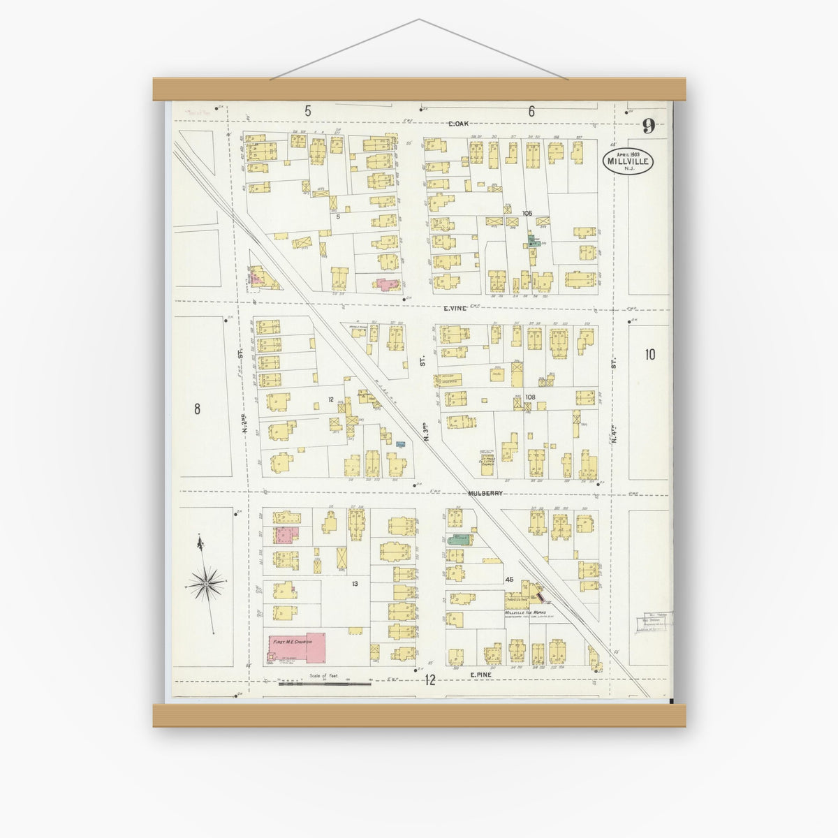 Old map wall art mockup — magnetic wood frame on white wall — Sanborn Fire Insurance Map from Millville, Cumberland County, New Jersey (1903), Sheet #0009