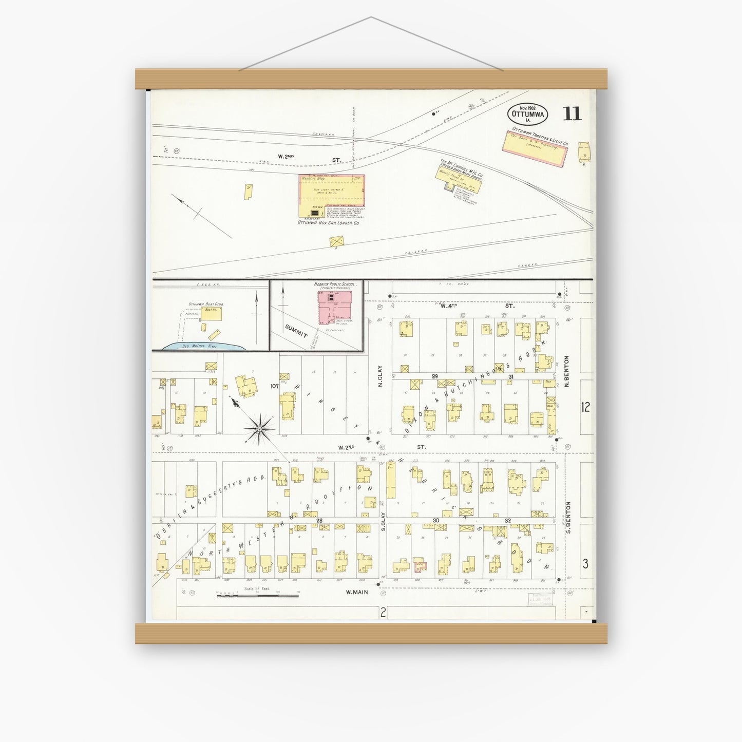 Old map wall art mockup — magnetic wood frame on white wall — Sanborn Fire Insurance Map from Ottumwa, Wapello County, Iowa (1902), Sheet #0011