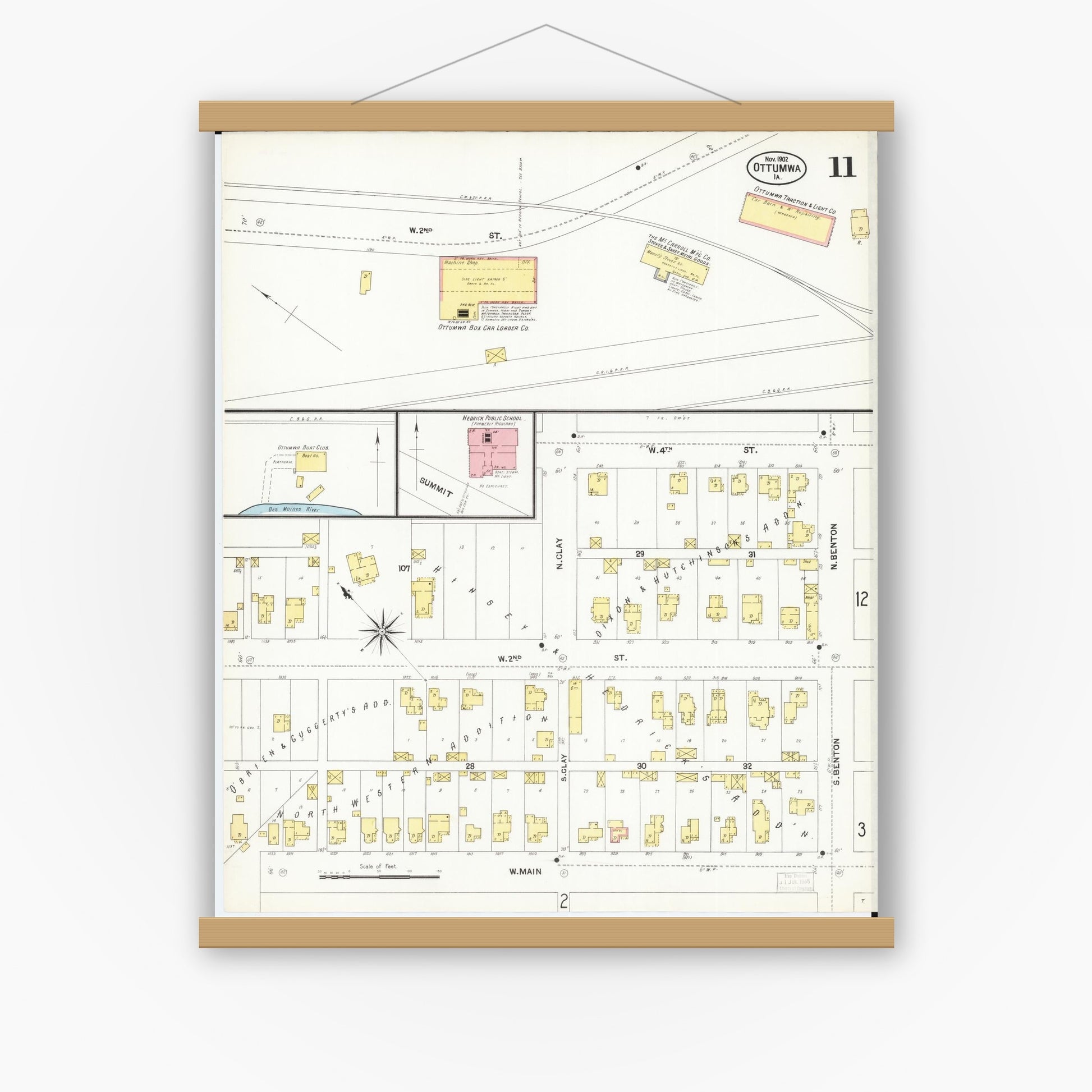 Old map wall art mockup — magnetic wood frame on white wall — Sanborn Fire Insurance Map from Ottumwa, Wapello County, Iowa (1902), Sheet #0011