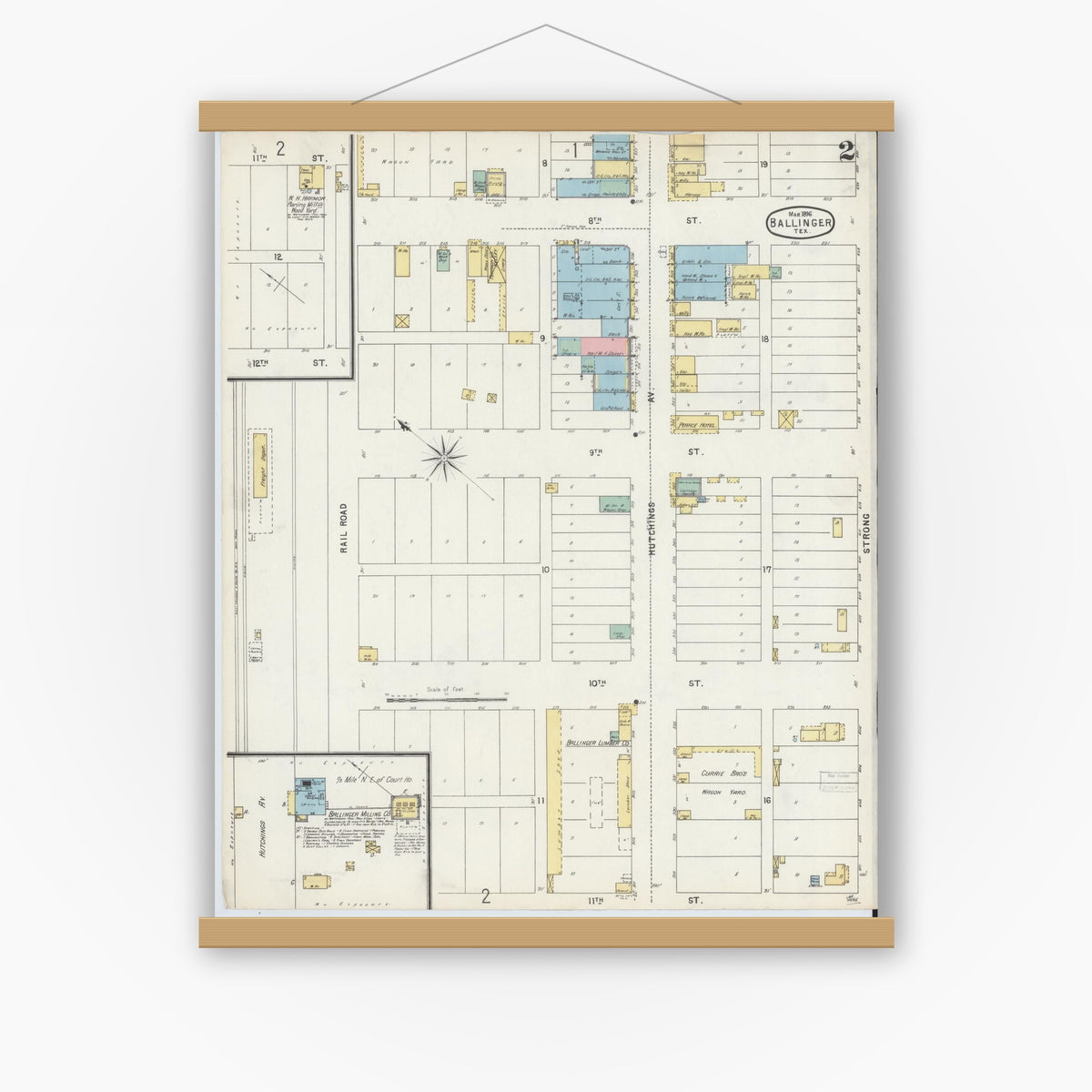 Old map wall art mockup — magnetic wood frame on white wall — Sanborn Fire Insurance Map from Ballinger, Runnels County, Texas (1896), Sheet #0002