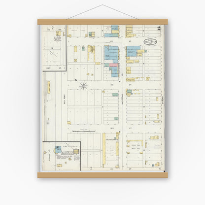 Old map wall art mockup — magnetic wood frame on white wall — Sanborn Fire Insurance Map from Ballinger, Runnels County, Texas (1896), Sheet #0002