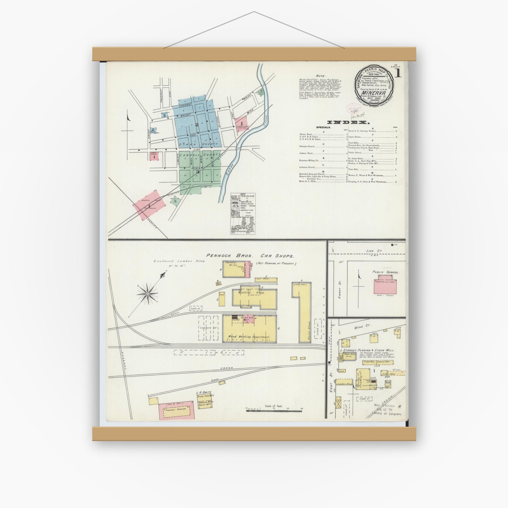 Old map wall art mockup — magnetic wood frame on white wall — Sanborn Fire Insurance Map from Minerva, Stark And Carroll Counties, Ohio (1895), Sheet #0001