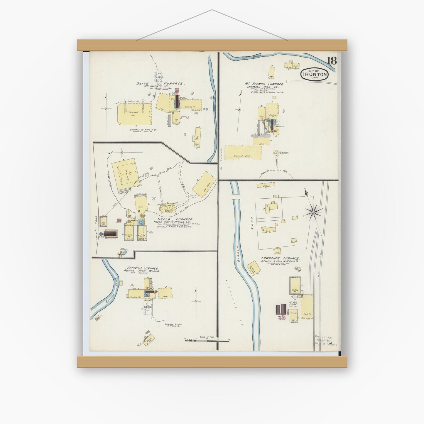 Old map wall art mockup — magnetic wood frame on white wall — Sanborn Fire Insurance Map from Ironton, Lawrence County, Ohio (1893), Sheet #0018