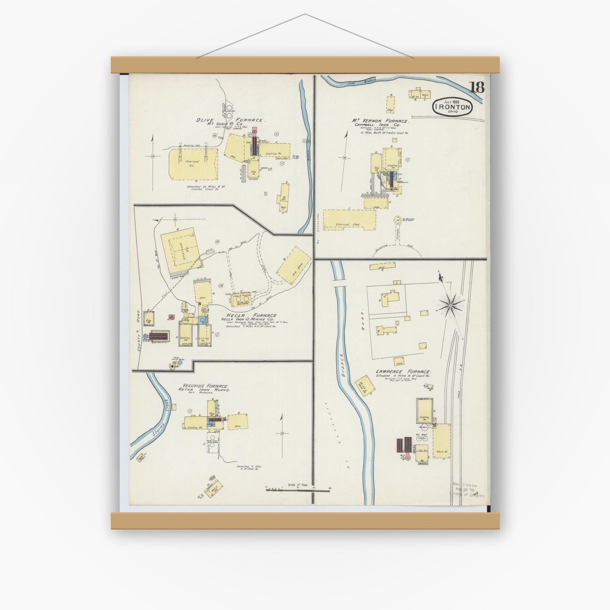 Old map wall art mockup — magnetic wood frame on white wall — Sanborn Fire Insurance Map from Ironton, Lawrence County, Ohio (1893), Sheet #0018