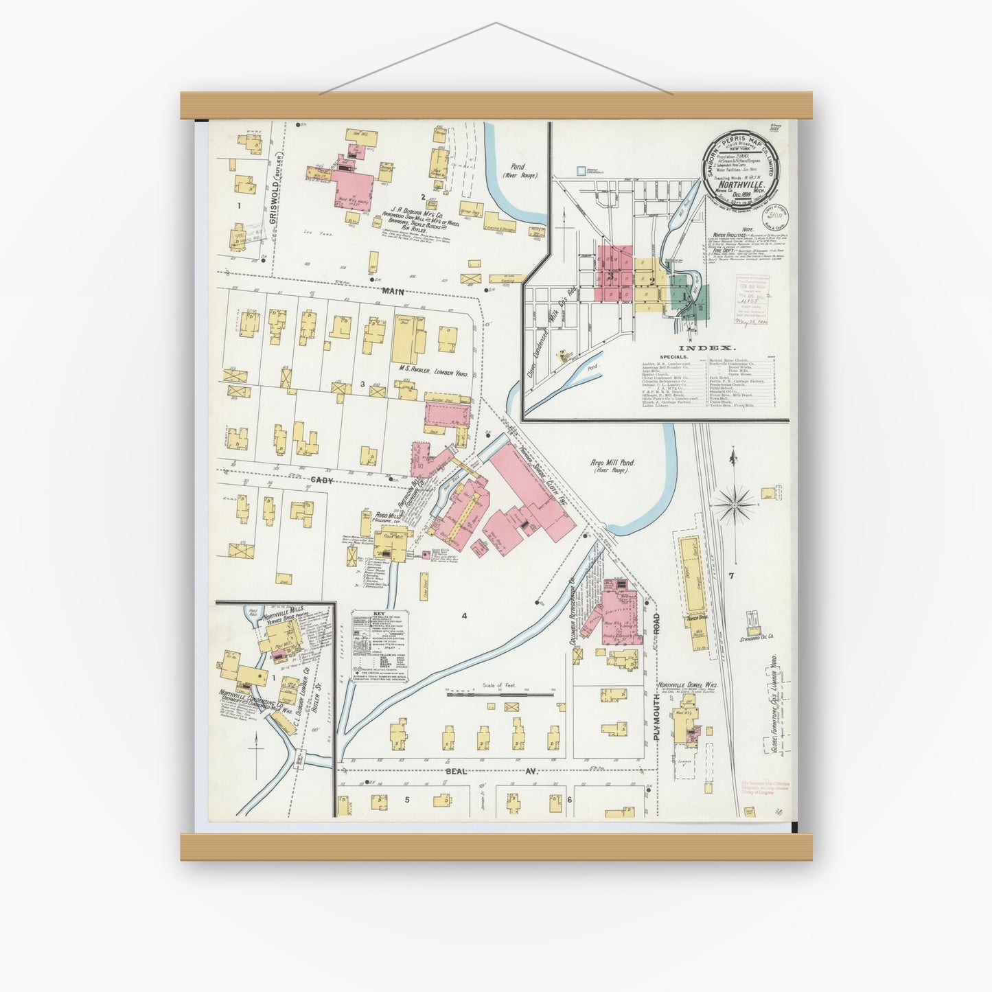 Old map wall art mockup — magnetic wood frame on white wall — Sanborn Fire Insurance Map from Northville, Wayne County, Michigan (1899), Sheet #0001