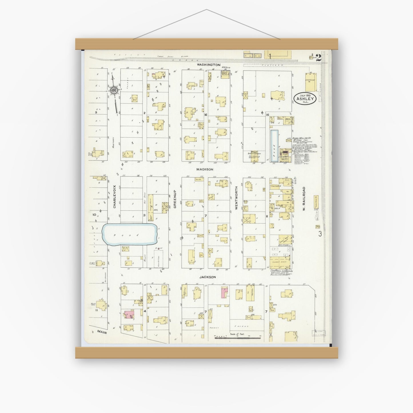 Old map wall art mockup — magnetic wood frame on white wall — Sanborn Fire Insurance Map from Ashley, Washington County, Illinois (1910), Sheet #0002