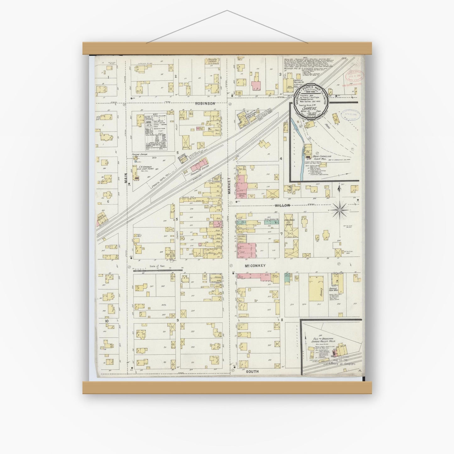 Old map wall art mockup — magnetic wood frame on white wall — Sanborn Fire Insurance Map from Shreve, Wayne County, Ohio (1898), Sheet #0001