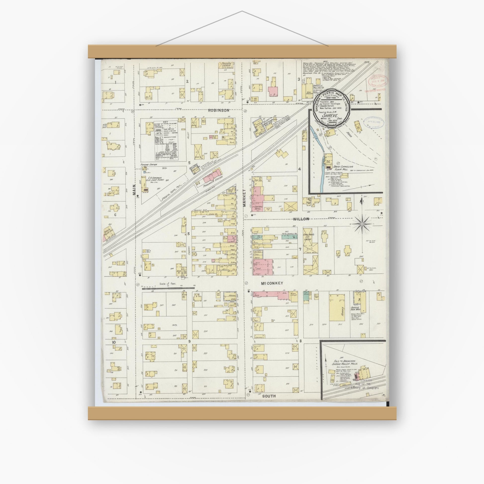 Old map wall art mockup — magnetic wood frame on white wall — Sanborn Fire Insurance Map from Shreve, Wayne County, Ohio (1898), Sheet #0001