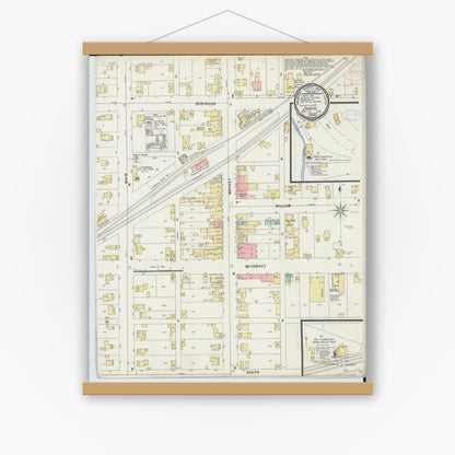 Old map wall art mockup — magnetic wood frame on white wall — Sanborn Fire Insurance Map from Shreve, Wayne County, Ohio (1898), Sheet #0001