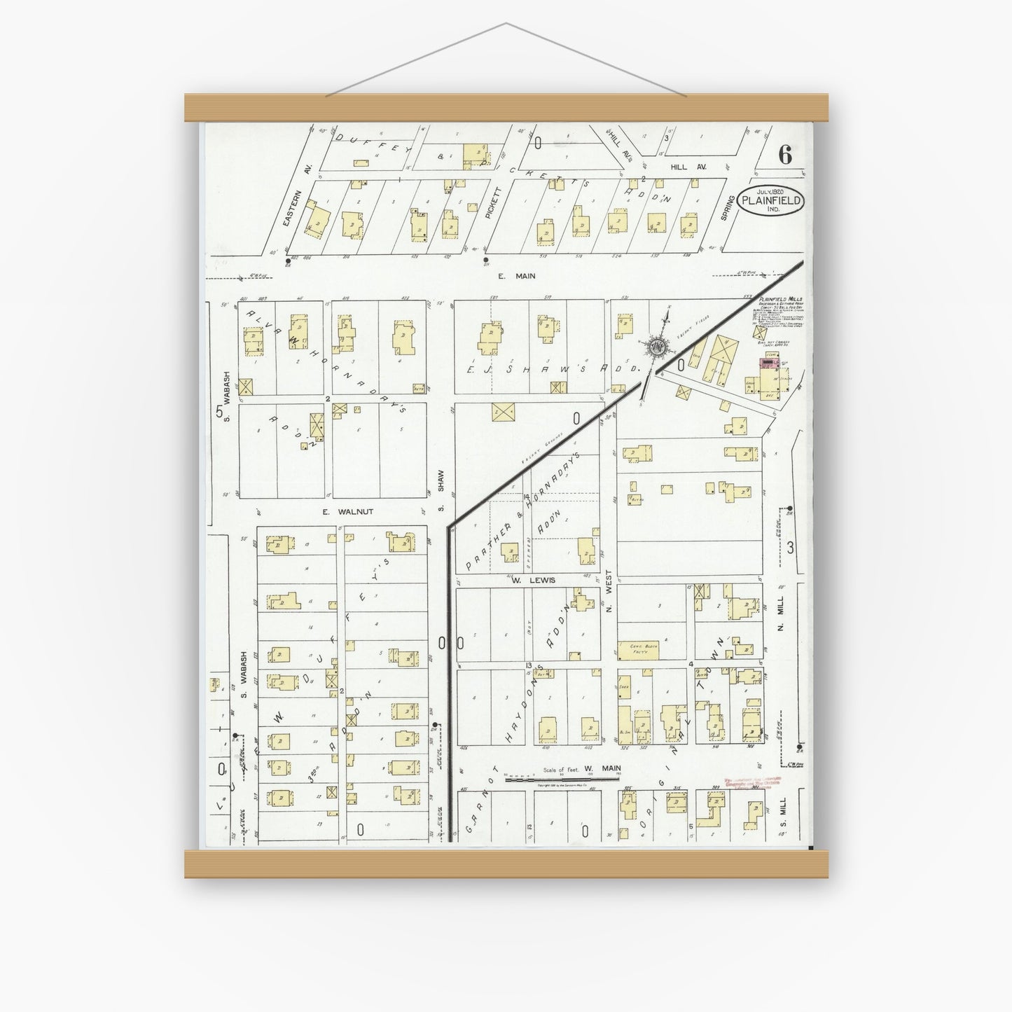 Old map wall art mockup — magnetic wood frame on white wall — Sanborn Fire Insurance Map from Plainfield, Hendricks County, Indiana (1920), Sheet #0006