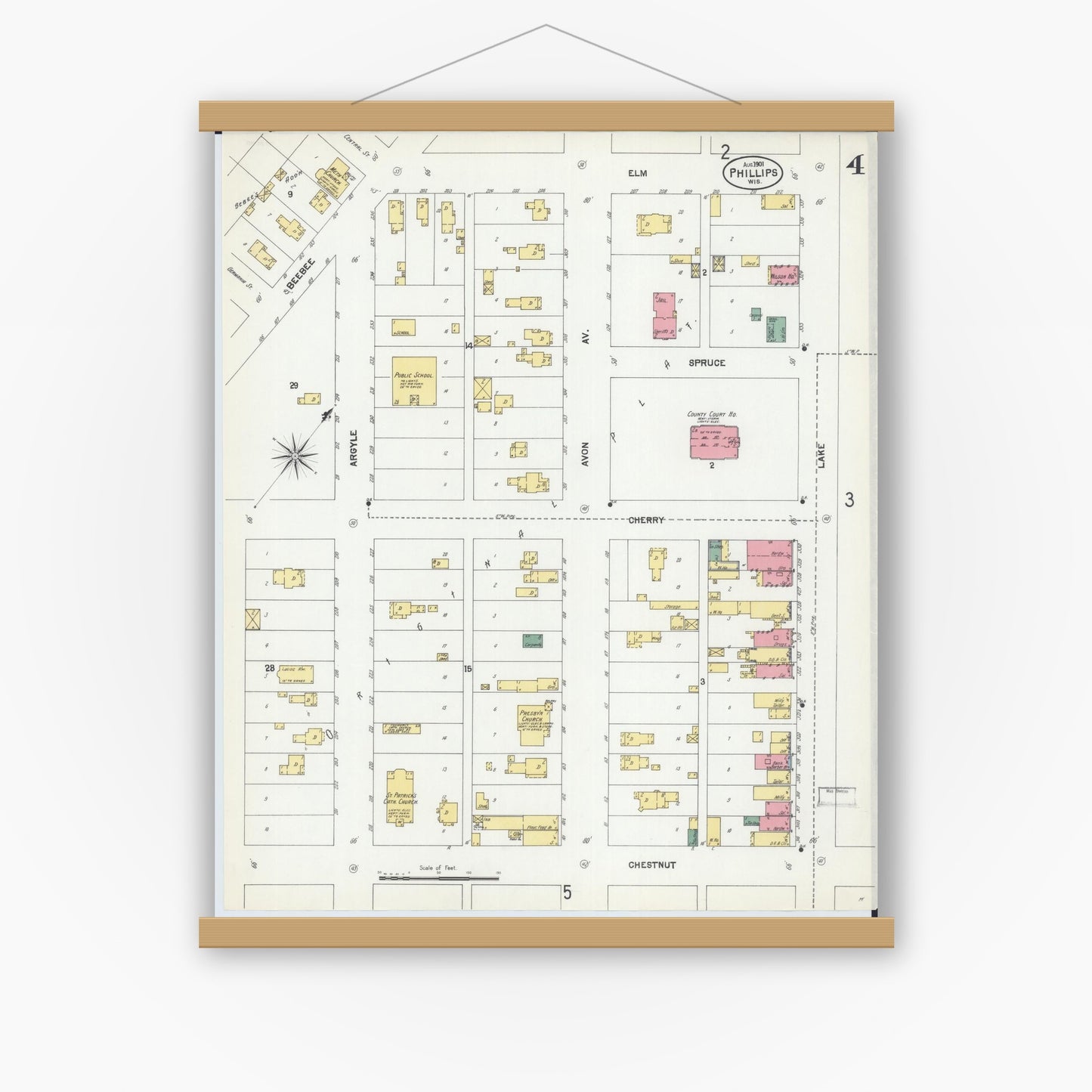 Old map wall art mockup — magnetic wood frame on white wall — Sanborn Fire Insurance Map from Phillips, Price County, Wisconsin (1901), Sheet #0004