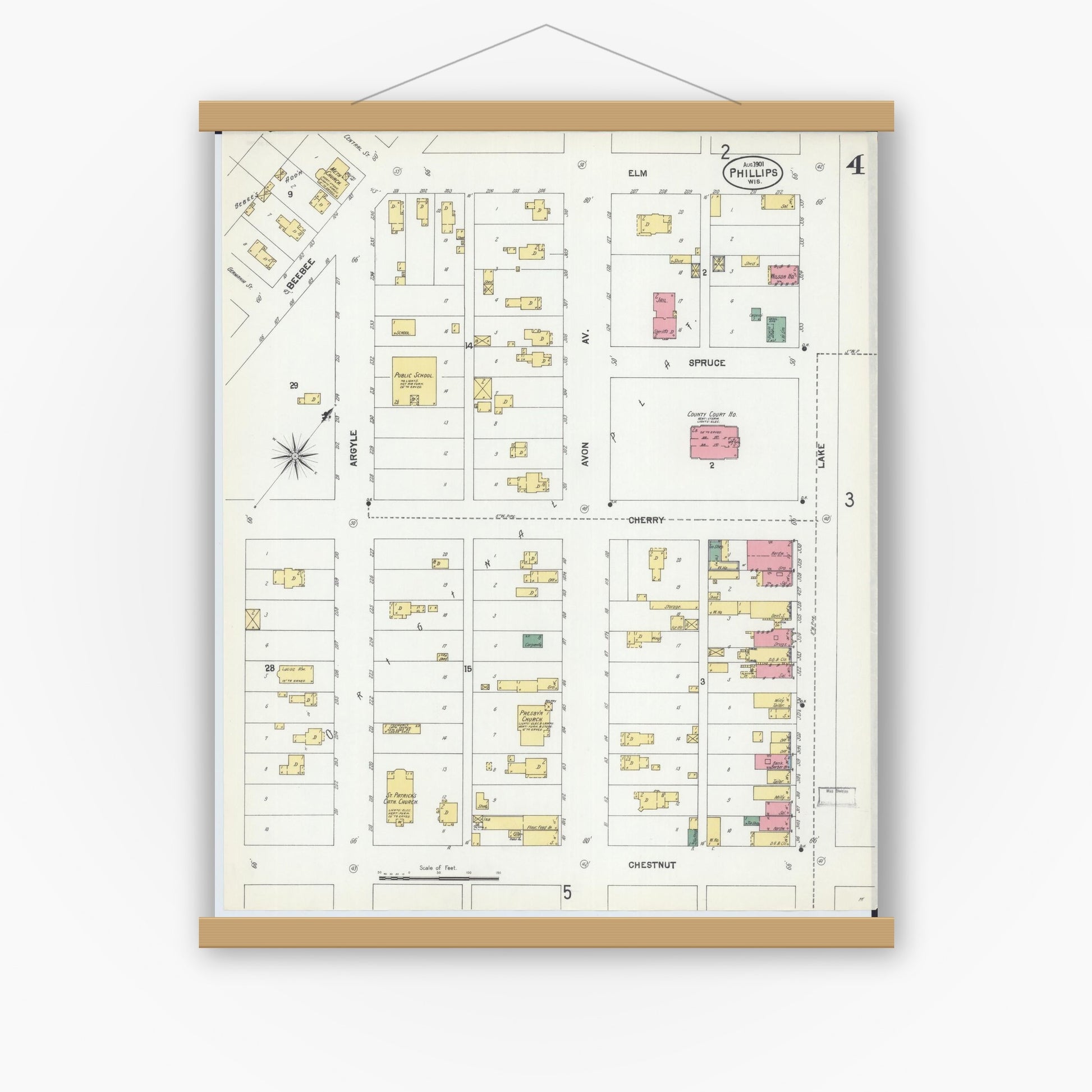 Old map wall art mockup — magnetic wood frame on white wall — Sanborn Fire Insurance Map from Phillips, Price County, Wisconsin (1901), Sheet #0004