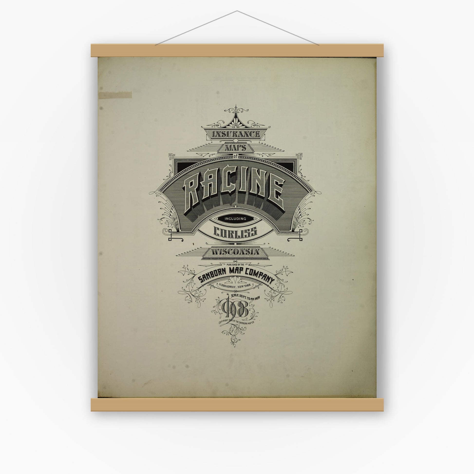 Old map wall art mockup — magnetic wood frame on white wall — Sanborn Fire Insurance Map from Racine, Racine County, Wisconsin (1908), Sheet #0001