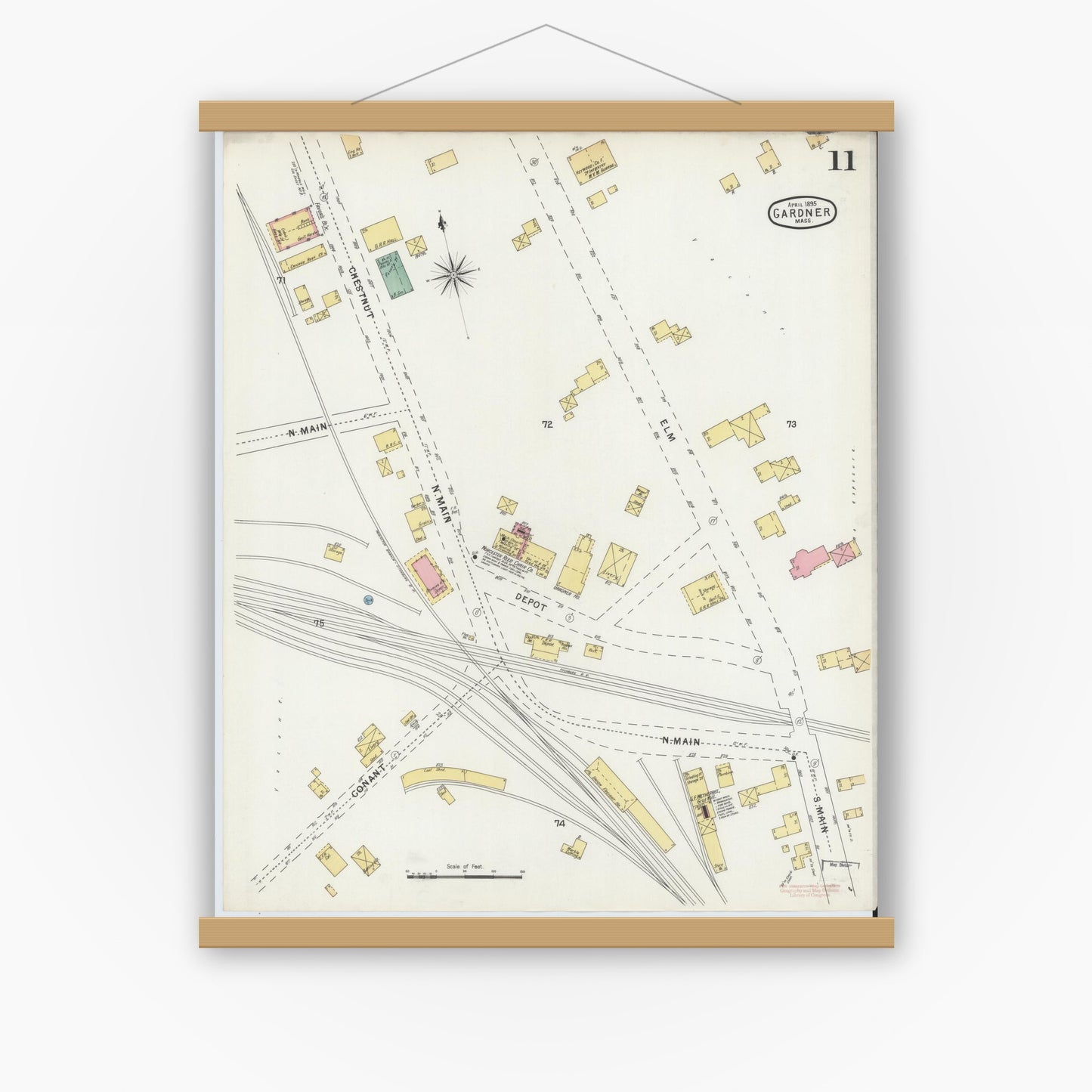 Old map wall art mockup — magnetic wood frame on white wall — Sanborn Fire Insurance Map from Gardner, Worcester County, Massachusetts (1895), Sheet #0011