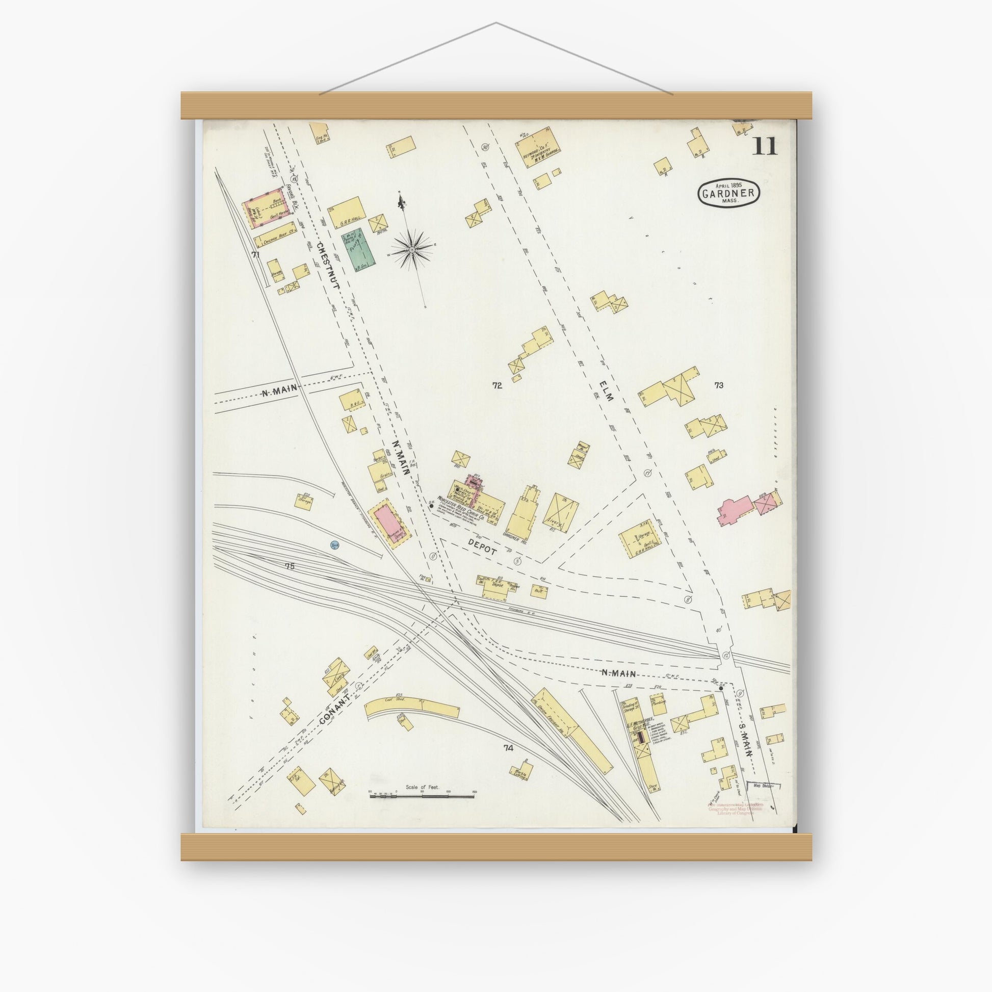 Old map wall art mockup — magnetic wood frame on white wall — Sanborn Fire Insurance Map from Gardner, Worcester County, Massachusetts (1895), Sheet #0011