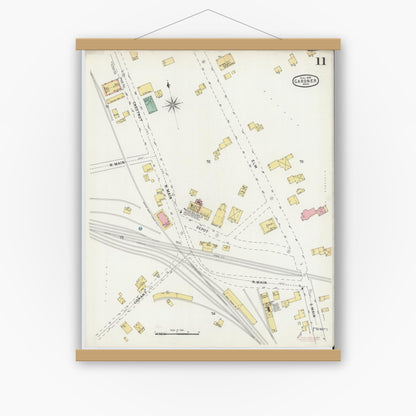 Old map wall art mockup — magnetic wood frame on white wall — Sanborn Fire Insurance Map from Gardner, Worcester County, Massachusetts (1895), Sheet #0011