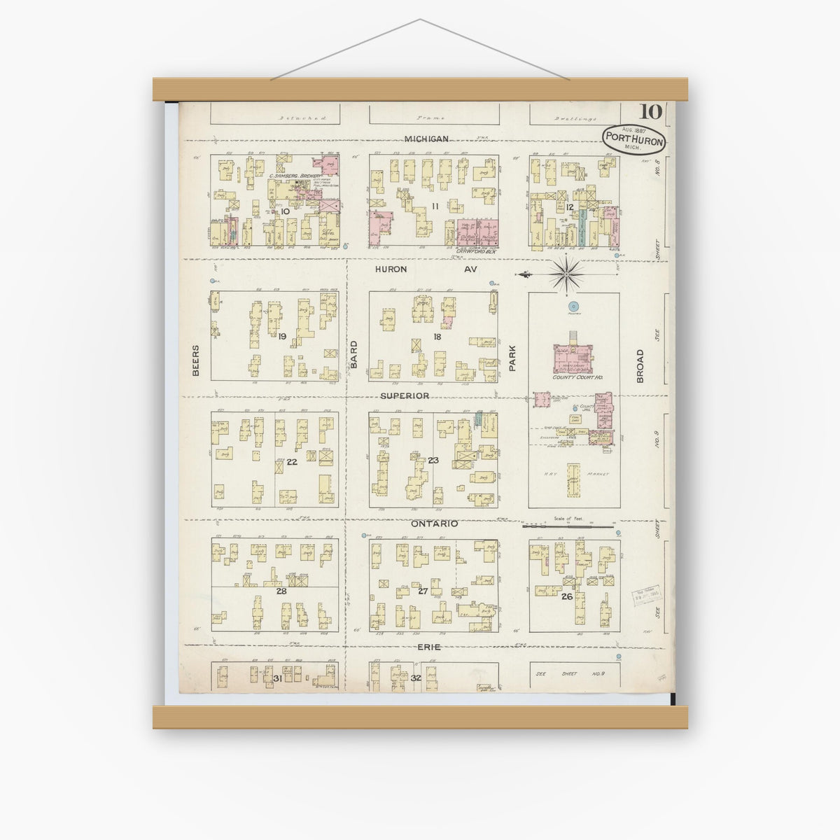 Old map wall art mockup — magnetic wood frame on white wall — Sanborn Fire Insurance Map from Port Huron, Saint Clair County, Michigan (1887), Sheet #0010