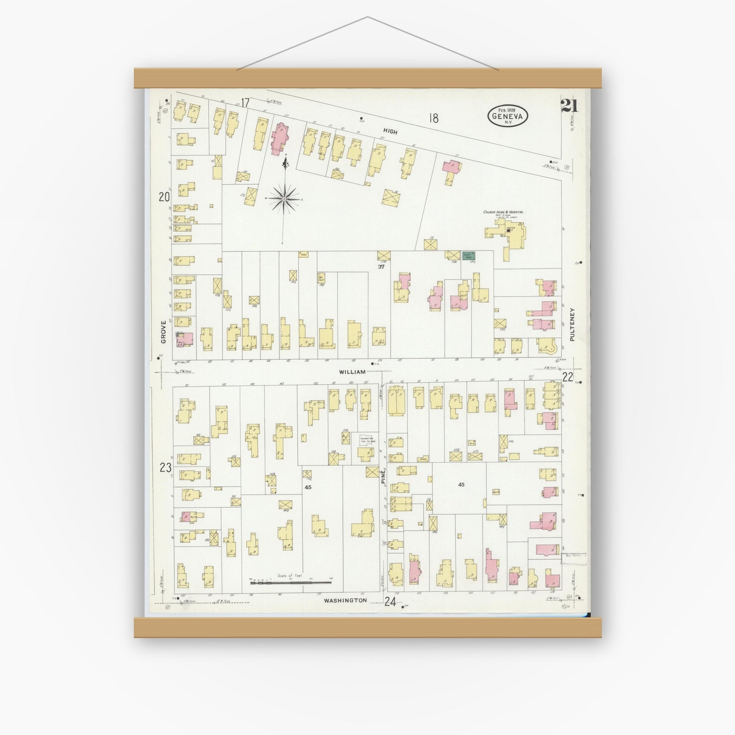 Old map wall art mockup — magnetic wood frame on white wall — Sanborn Fire Insurance Map from Geneva, Ontario County, New York (1909), Sheet #0021