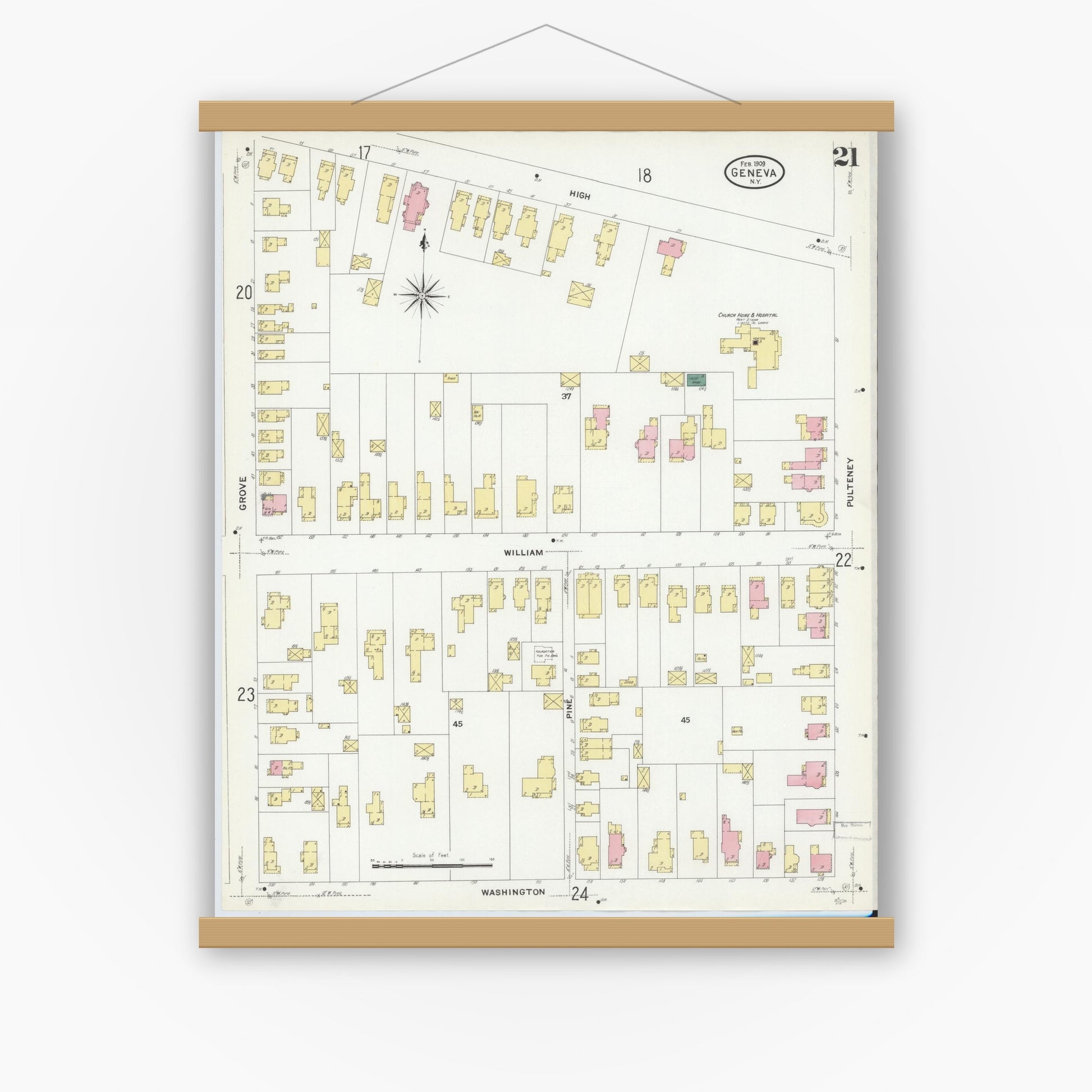 Old map wall art mockup — magnetic wood frame on white wall — Sanborn Fire Insurance Map from Geneva, Ontario County, New York (1909), Sheet #0021