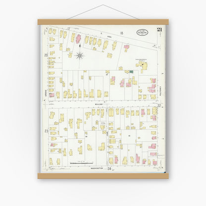 Old map wall art mockup — magnetic wood frame on white wall — Sanborn Fire Insurance Map from Geneva, Ontario County, New York (1909), Sheet #0021