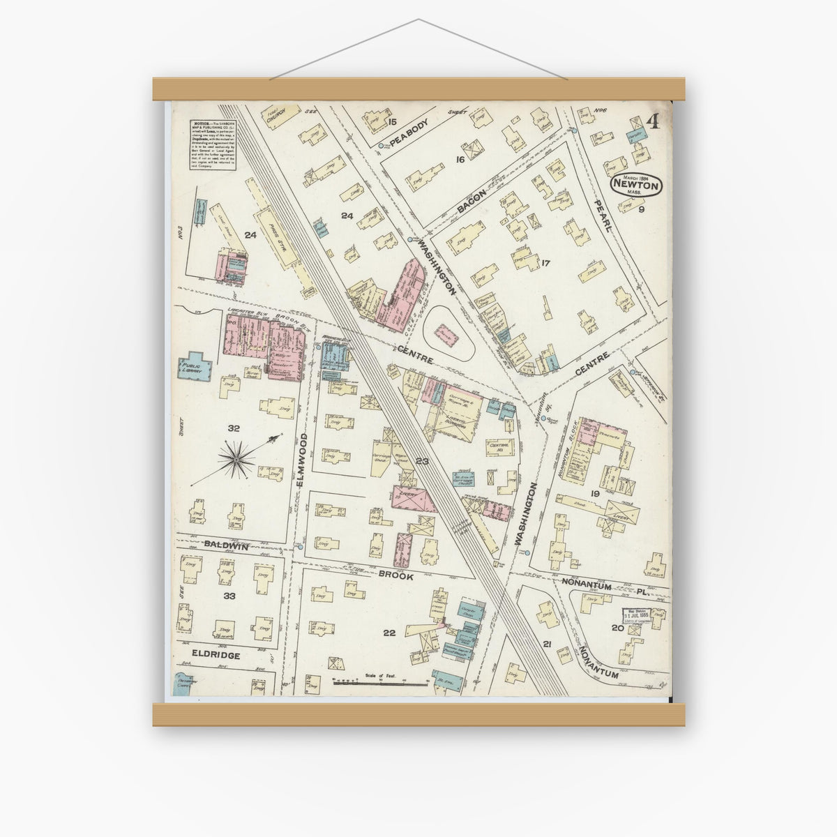 Old map wall art mockup — magnetic wood frame on white wall — Sanborn Fire Insurance Map from Newton, Middlesex County, Massachusetts (1884), Sheet #0004
