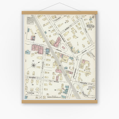 Old map wall art mockup — magnetic wood frame on white wall — Sanborn Fire Insurance Map from Newton, Middlesex County, Massachusetts (1884), Sheet #0004