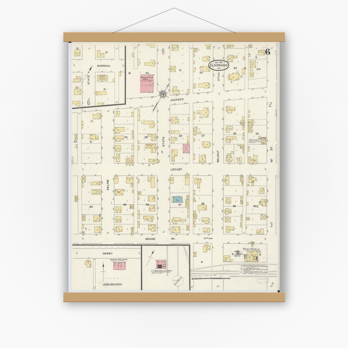 Old map wall art mockup — magnetic wood frame on white wall — Sanborn Fire Insurance Map from Eldorado, Saline County, Illinois (1911), Sheet #0006
