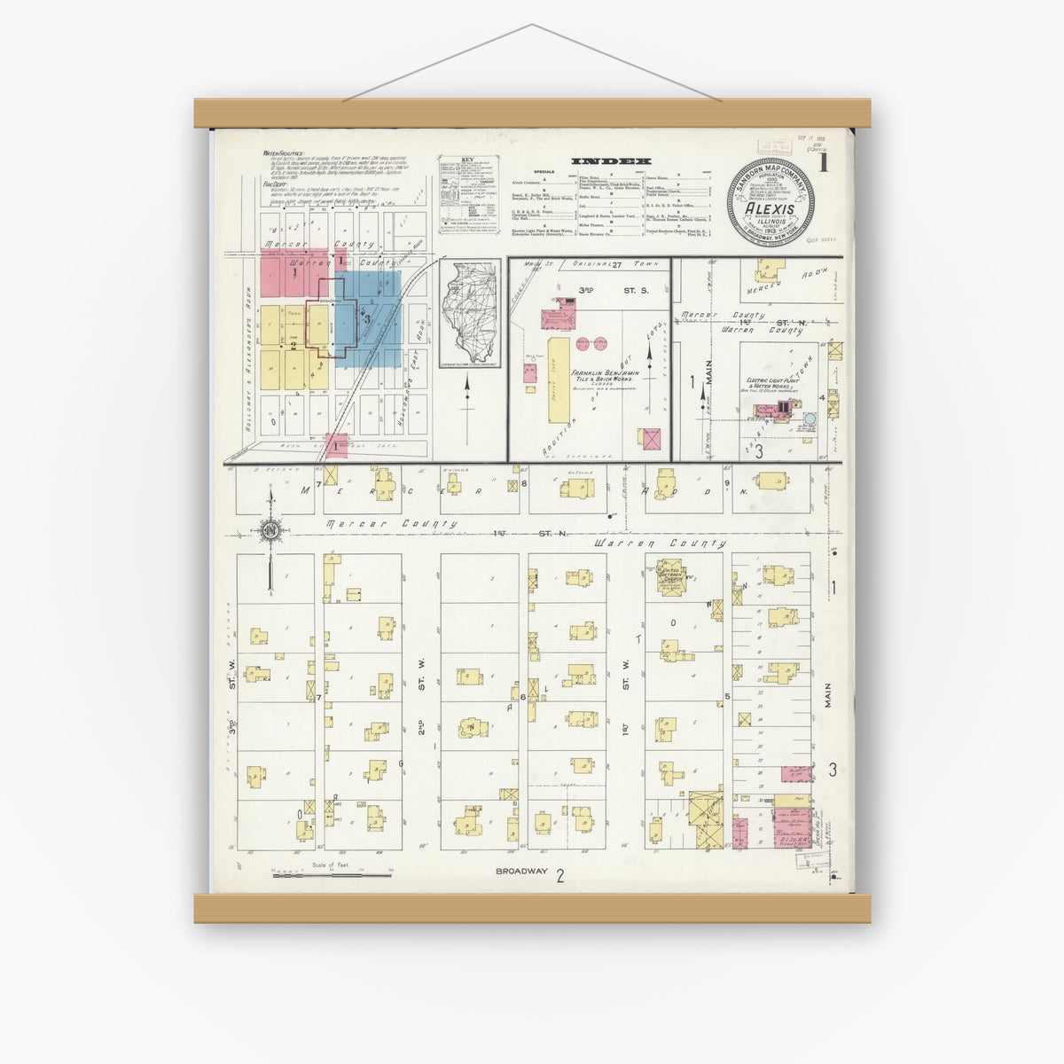 Old map wall art mockup — magnetic wood frame on white wall — Sanborn Fire Insurance Map from Alexis, Warren County, Illinois (1913), Sheet #0001