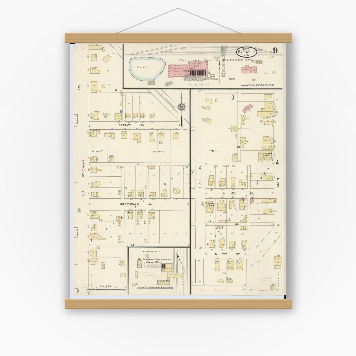 Old map wall art mockup — magnetic wood frame on white wall — Sanborn Fire Insurance Map from Byesville, Guernsey County, Ohio (1913), Sheet #0009