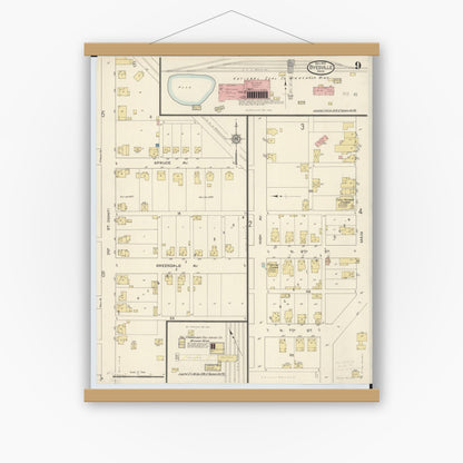 Old map wall art mockup — magnetic wood frame on white wall — Sanborn Fire Insurance Map from Byesville, Guernsey County, Ohio (1913), Sheet #0009