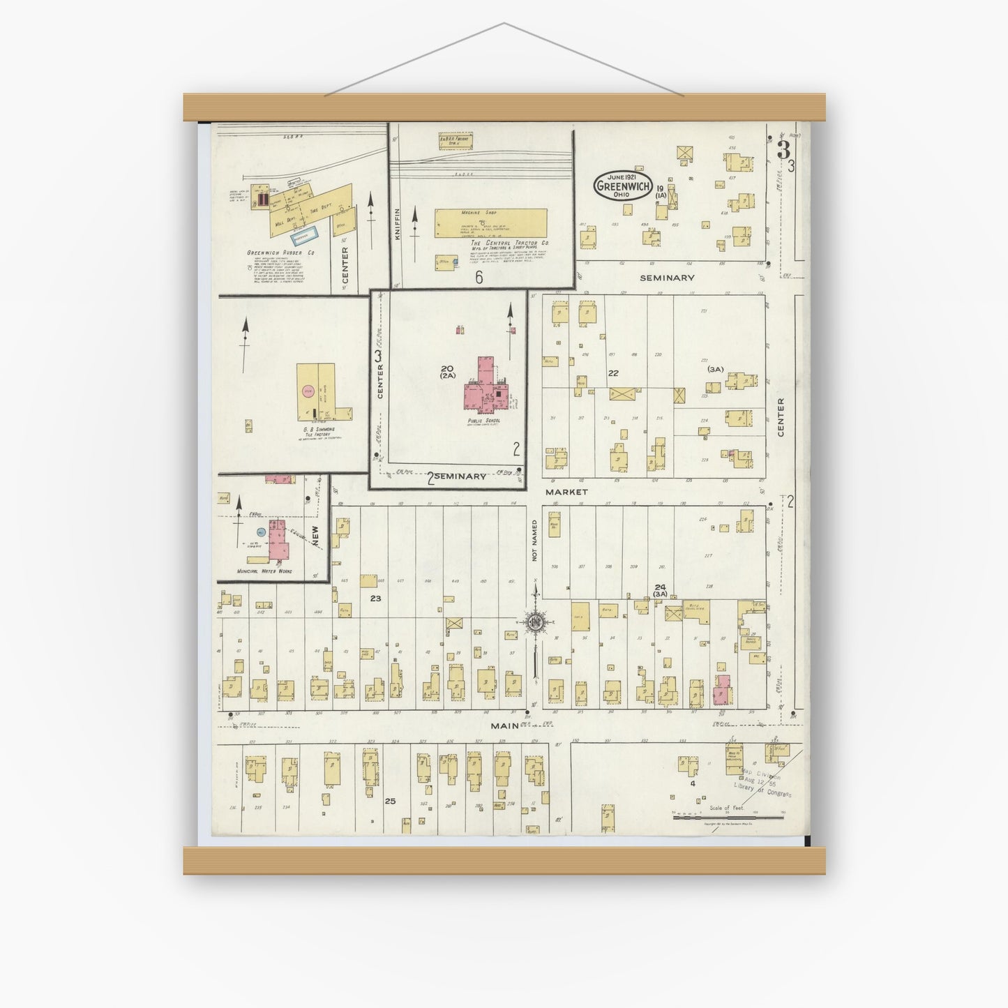 Old map wall art mockup — magnetic wood frame on white wall — Sanborn Fire Insurance Map from Greenwich, Huron County, Ohio (1921), Sheet #0003