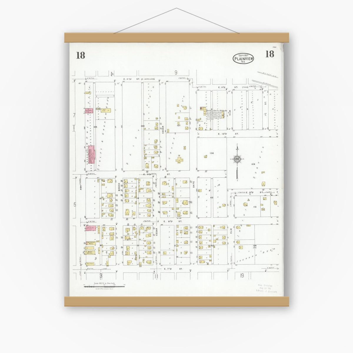 Old map wall art mockup — magnetic wood frame on white wall — Sanborn Fire Insurance Map from Plainview, Hale County, Texas (1927), Sheet #0018