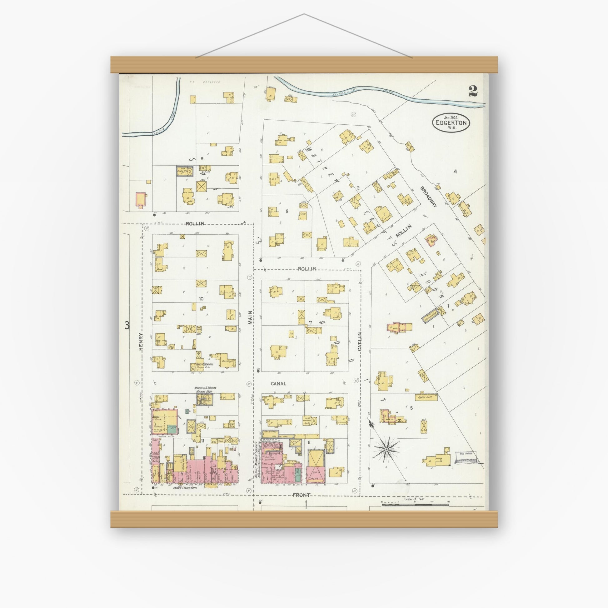 Old map wall art mockup — magnetic wood frame on white wall — Sanborn Fire Insurance Map from Edgerton, Rock County, Wisconsin (1904) - Complete Map Set