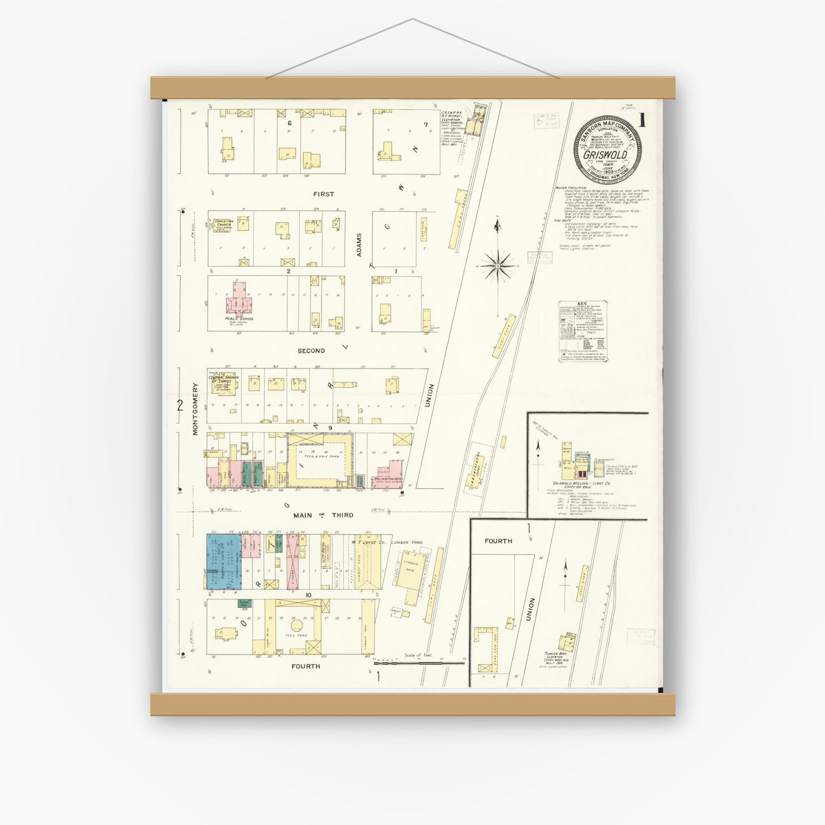 Old map wall art mockup — magnetic wood frame on white wall — Sanborn Fire Insurance Map from Griswold, Cass County, Iowa (1909), Sheet #0001
