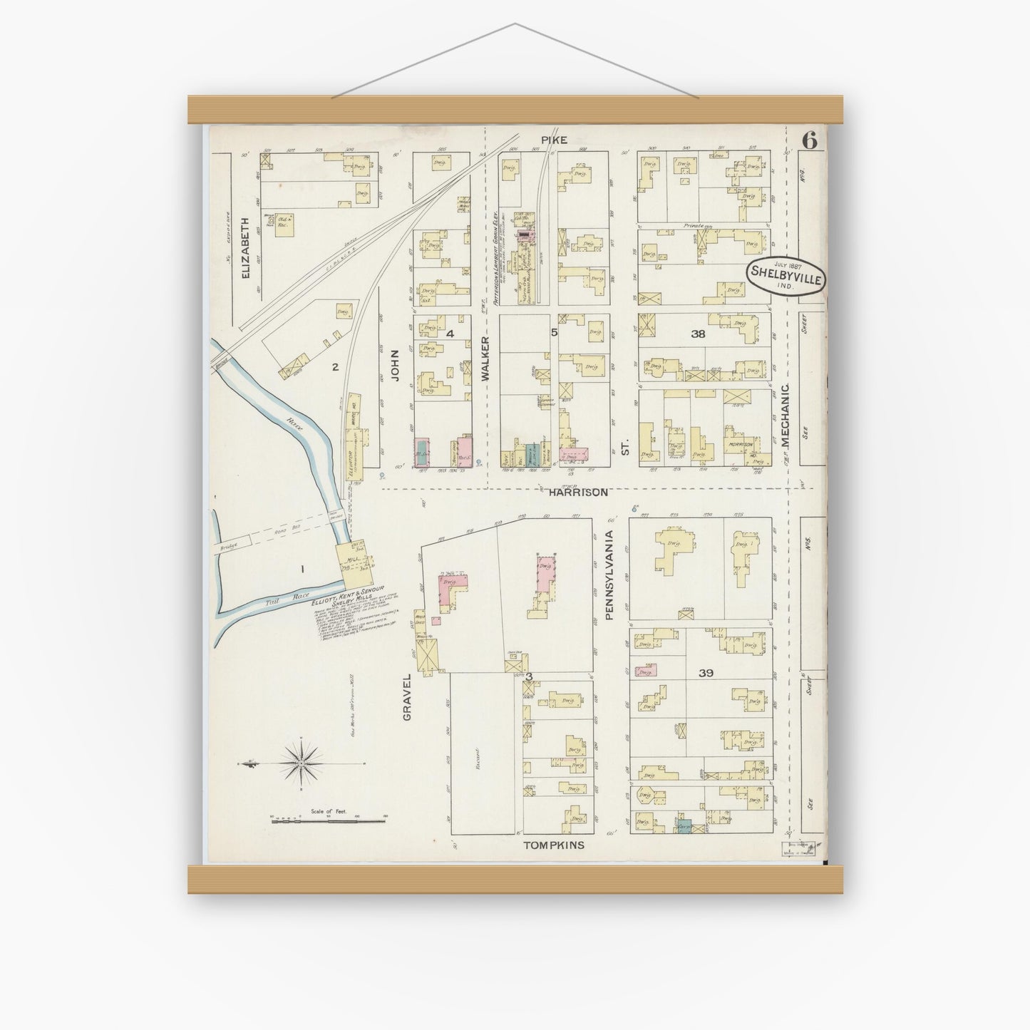 Old map wall art mockup — magnetic wood frame on white wall — Sanborn Fire Insurance Map from Shelbyville, Shelby County, Indiana (1887), Sheet #0006