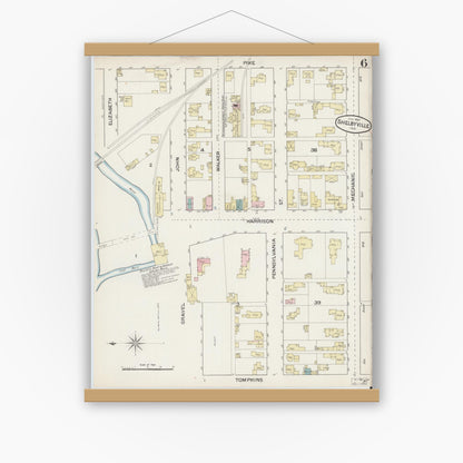 Old map wall art mockup — magnetic wood frame on white wall — Sanborn Fire Insurance Map from Shelbyville, Shelby County, Indiana (1887), Sheet #0006
