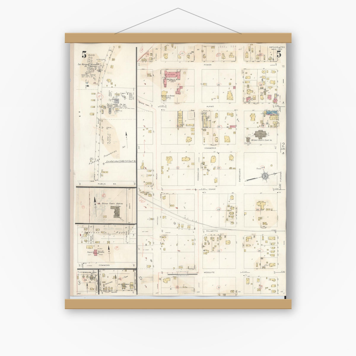 Old map wall art mockup — magnetic wood frame on white wall — Sanborn Fire Insurance Map from Refugio, Refugio County, Texas (1942), Sheet #0005