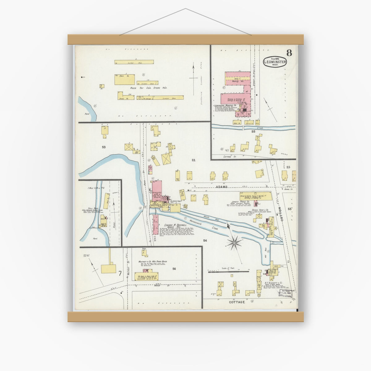 Old map wall art mockup — magnetic wood frame on white wall — Sanborn Fire Insurance Map from Leominster, Worcester County, Massachusetts (1896), Sheet #0008