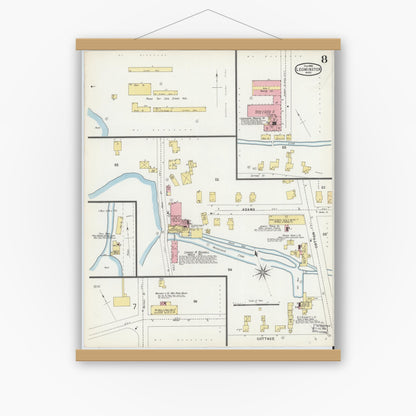 Old map wall art mockup — magnetic wood frame on white wall — Sanborn Fire Insurance Map from Leominster, Worcester County, Massachusetts (1896), Sheet #0008