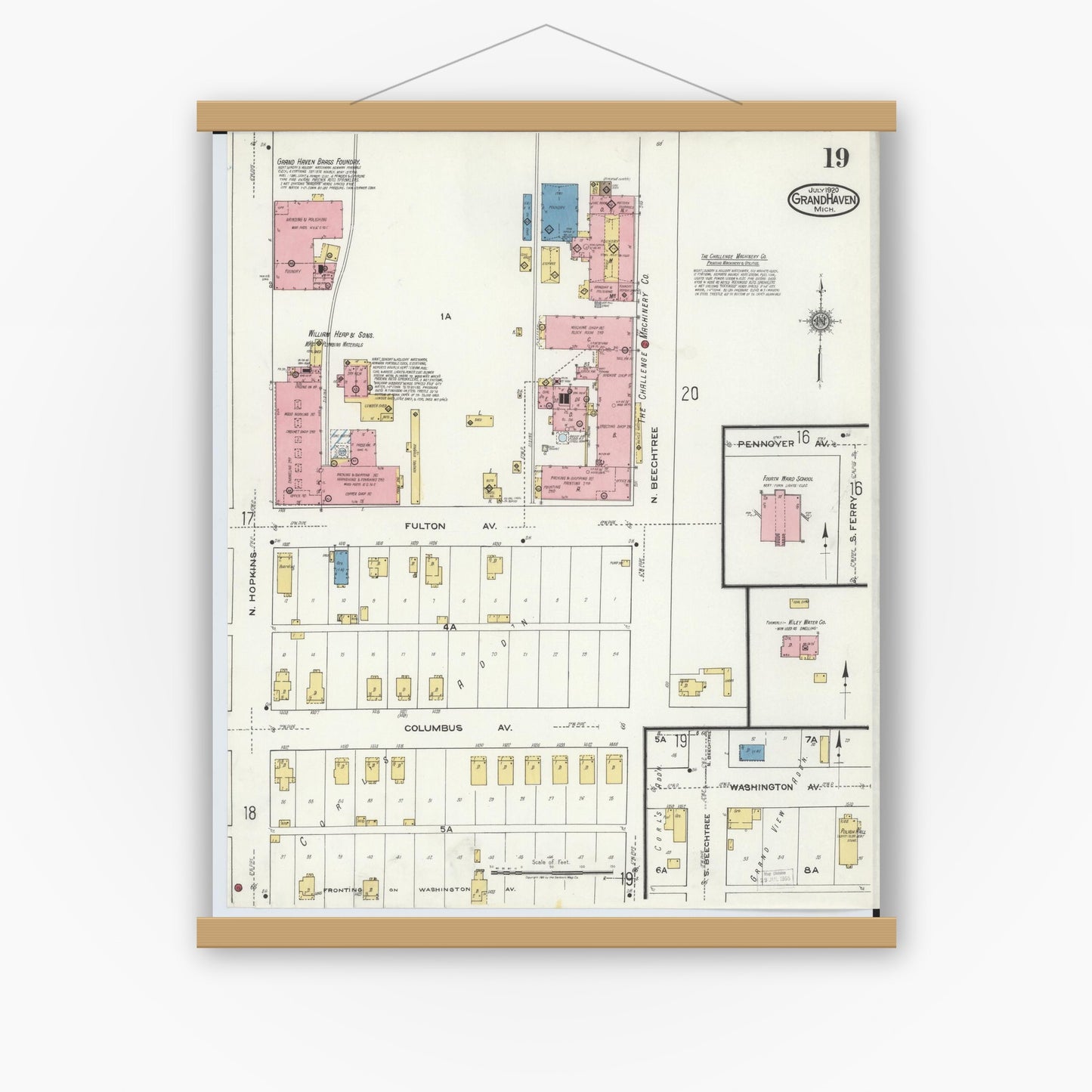 Old map wall art mockup — magnetic wood frame on white wall — Sanborn Fire Insurance Map from Grand Haven, Ottawa County, Michigan (1920), Sheet #0019