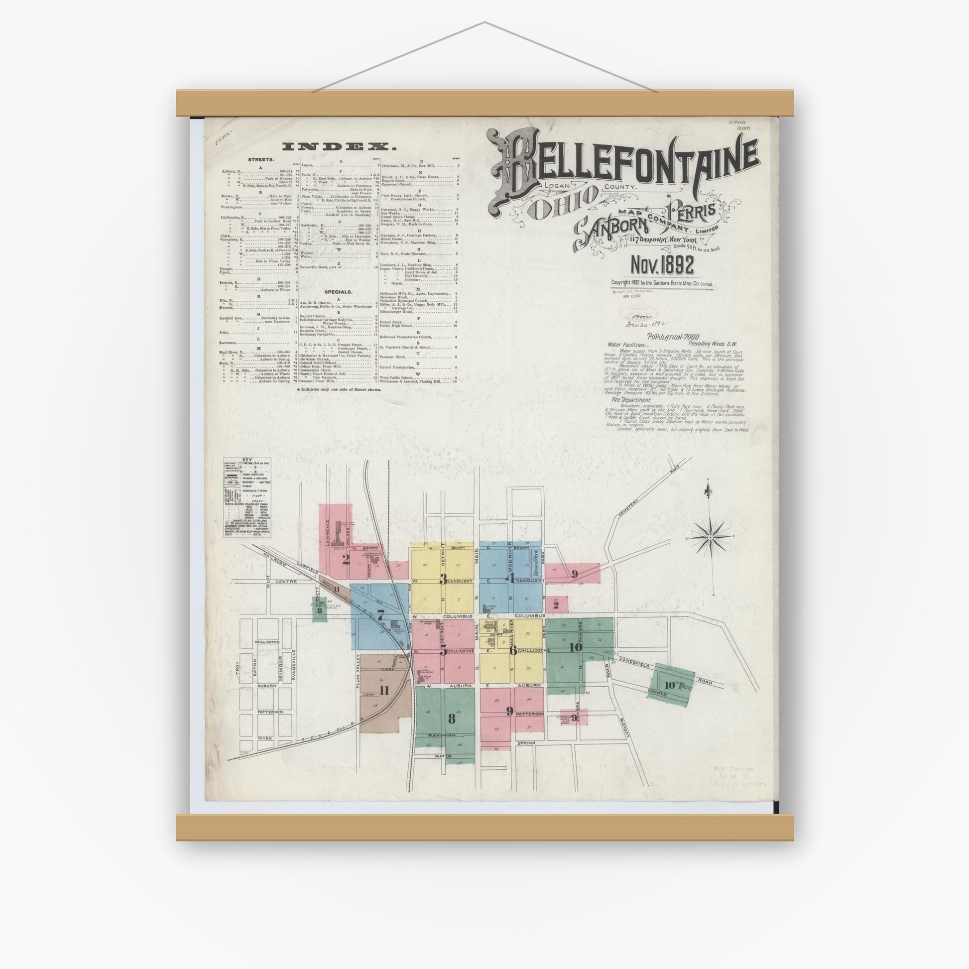 Old map wall art mockup — magnetic wood frame on white wall — Sanborn Fire Insurance Map from Bellefontaine, Logan County, Ohio (1892), Sheet #0001