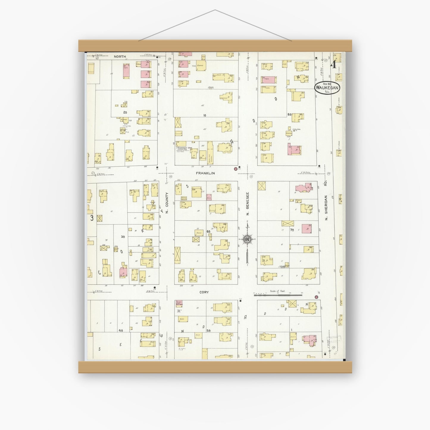 Old map wall art mockup — magnetic wood frame on white wall — Sanborn Fire Insurance Map from Waukegan, Lake County, Illinois (1912), Sheet #0004