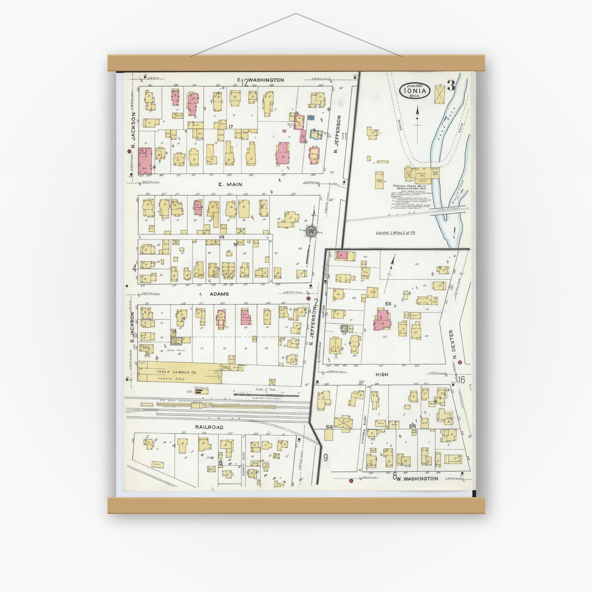 Old map wall art mockup — magnetic wood frame on white wall — Sanborn Fire Insurance Map from Ionia, Ionia County, Michigan (1920), Sheet #0003