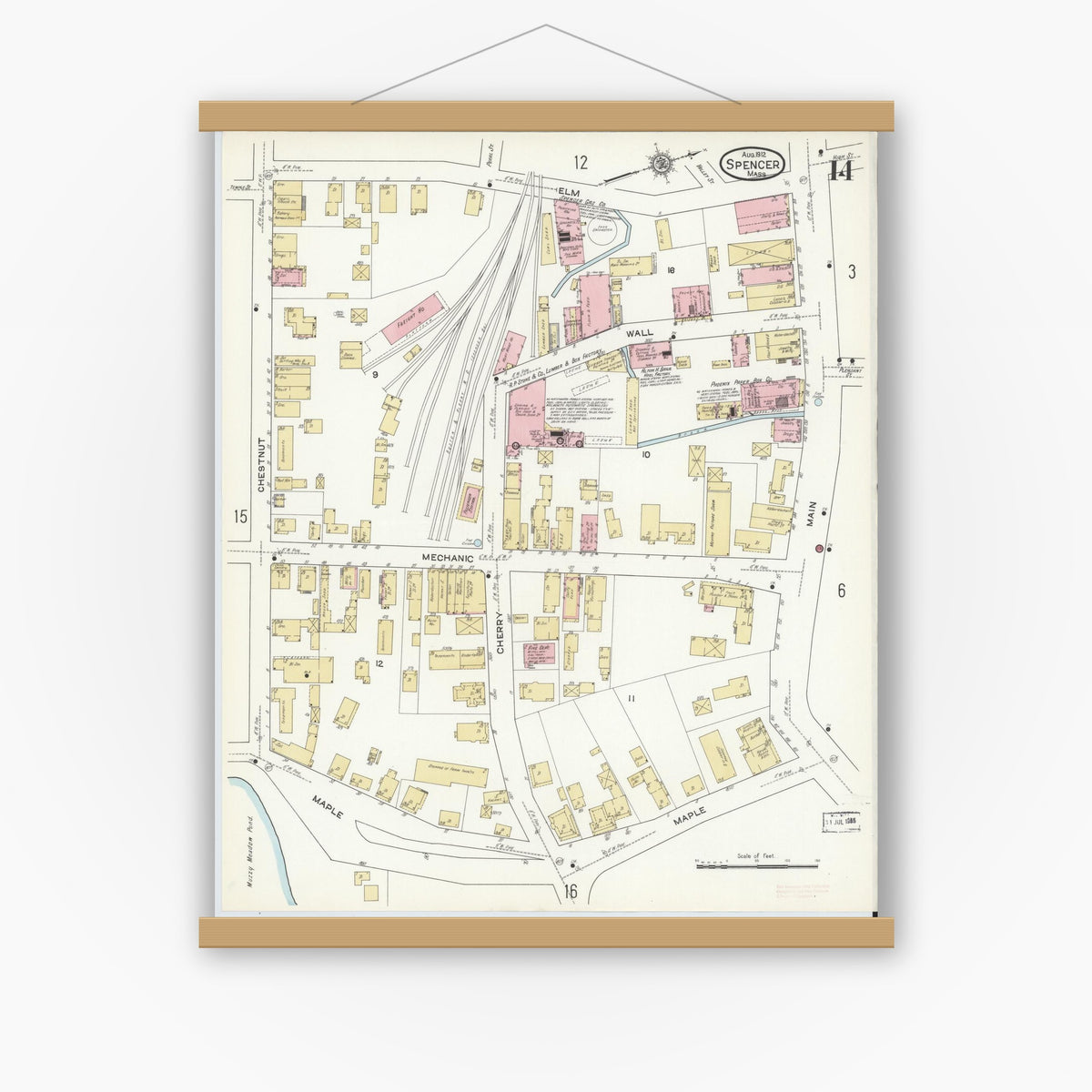Old map wall art mockup — magnetic wood frame on white wall — Sanborn Fire Insurance Map from Spencer, Worcester County, Massachusetts (1912), Sheet #0014