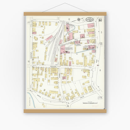 Old map wall art mockup — magnetic wood frame on white wall — Sanborn Fire Insurance Map from Spencer, Worcester County, Massachusetts (1912), Sheet #0014