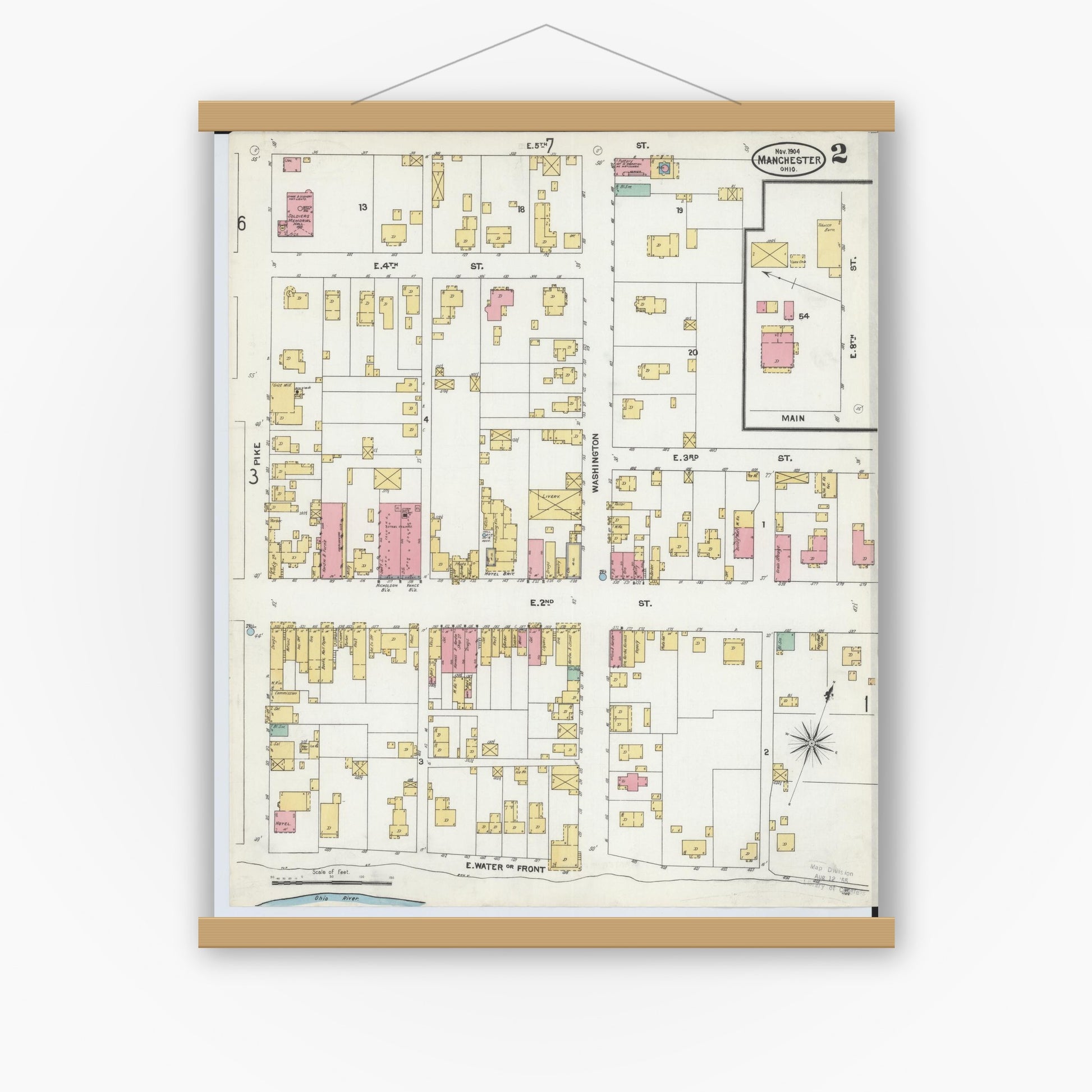 Old map wall art mockup — magnetic wood frame on white wall — Sanborn Fire Insurance Map from Manchester, Adams County, Ohio (1904), Sheet #0002