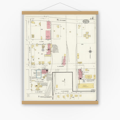 Old map wall art mockup — magnetic wood frame on white wall — Sanborn Fire Insurance Map from Denton, Denton County, Texas (1921), Sheet #0004