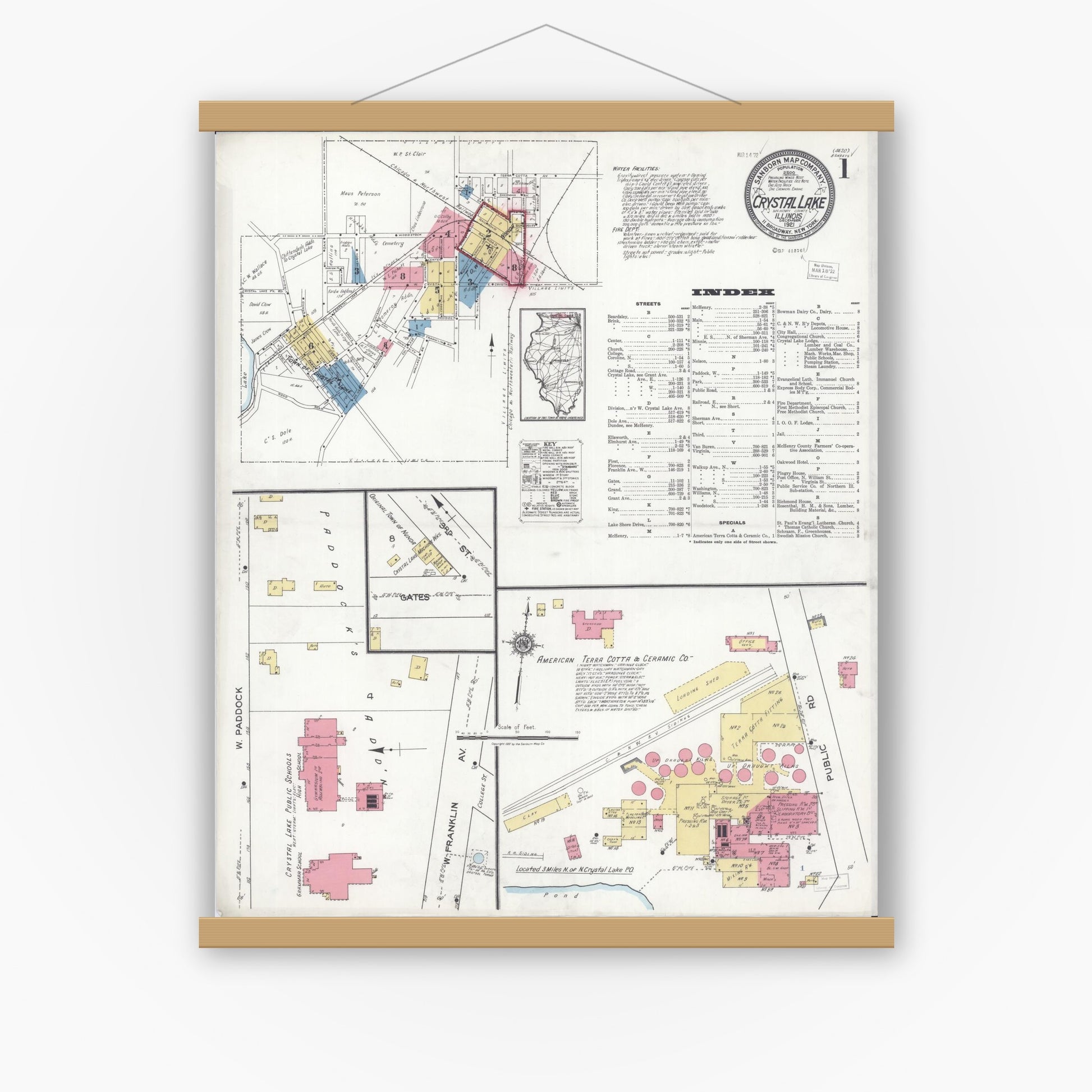 Old map wall art mockup — magnetic wood frame on white wall — Sanborn Fire Insurance Map from Crystal Lake, McHenry County, Illinois (1921), Sheet #0001