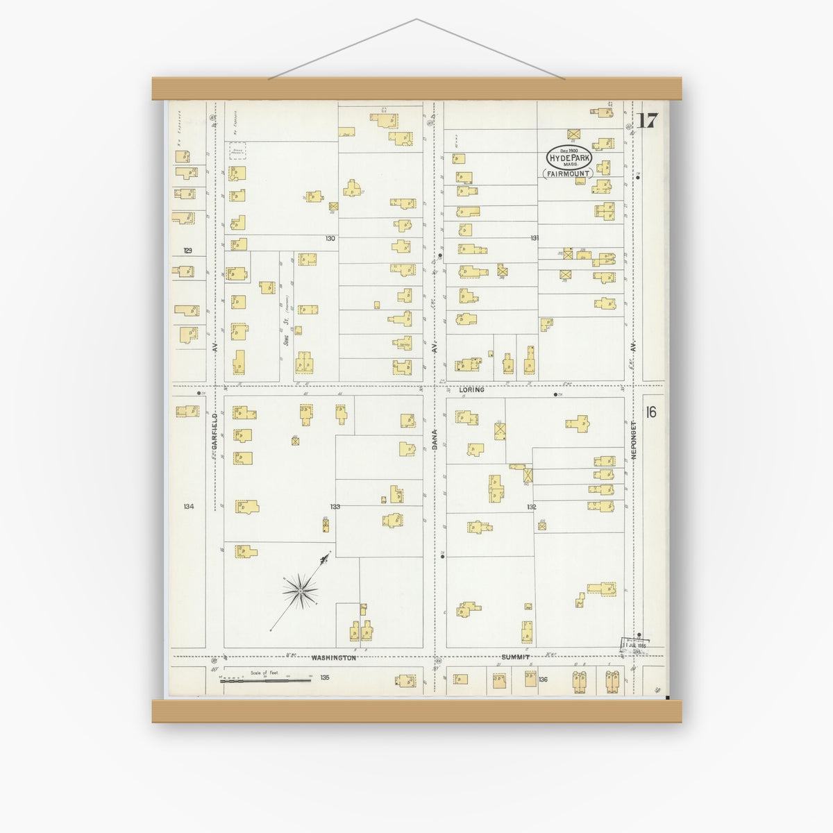 Old map wall art mockup — magnetic wood frame on white wall — Sanborn Fire Insurance Map from Hyde Park, Norfolk County, Massachusetts (1900), Sheet #0017